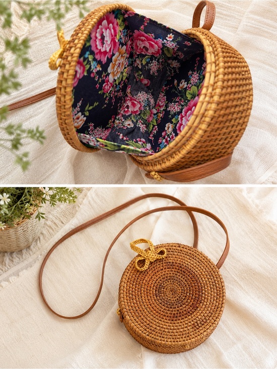 Handbags - Woven Round Rattan Crossbody Bag with Floral Lining and real leather strap